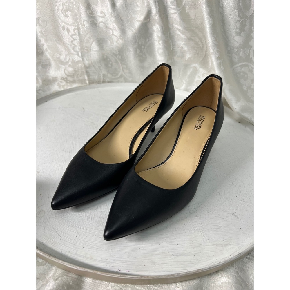 Michael Kors Womens Black Leather Pointed Toe Kitten Heel Pumps Size 8M